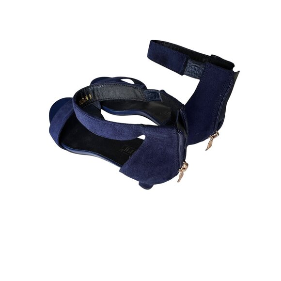 Navy Blue Suede Open-Toe Ankle Strap Sandals With Back Zipper - Picture 2 of 6